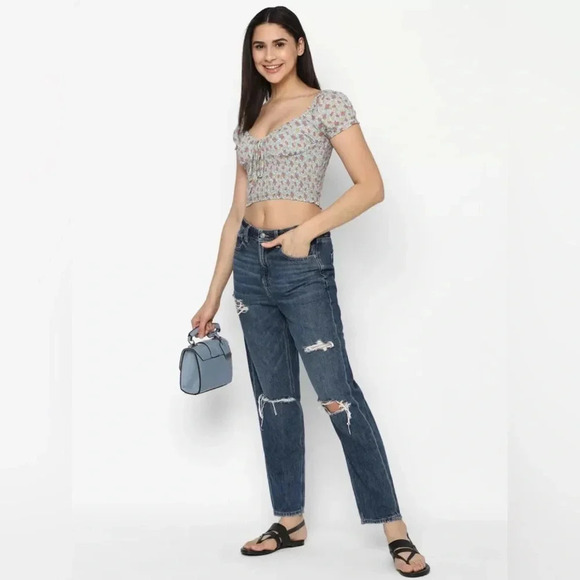 American Eagle Smocked Floral Crop Top- Size L - Picture 2 of 11